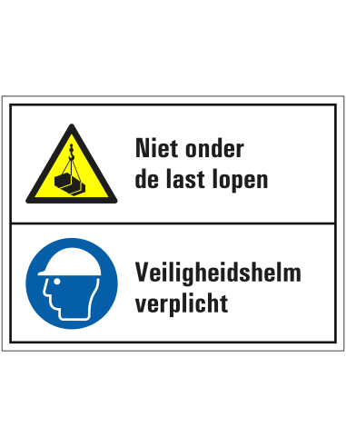 Niet onder last lopen en veiligheidshelm verplicht sticker, zelfklevende folie, wit blauw geel, hangende last en helm pictogram