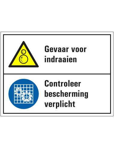 Gevaar voor indraaien en bescherming controleren bord, kunststof, wit geel blauw, draaiende rollen en bescherming symbool