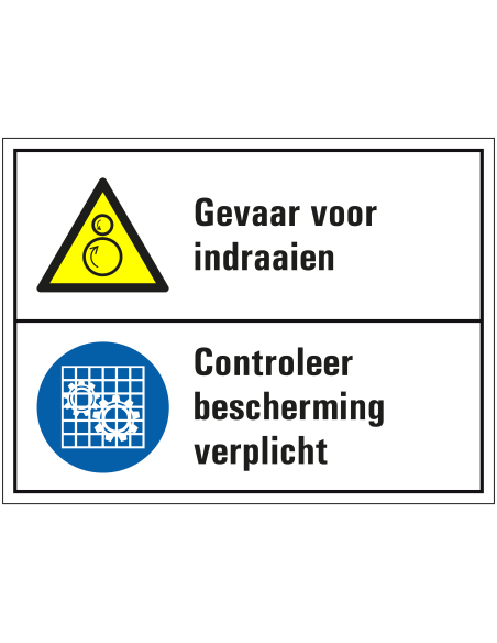 Gevaar voor indraaien en bescherming controleren bord, kunststof, wit geel blauw, draaiende rollen en bescherming symbool