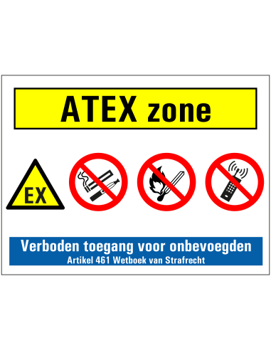 ATEX zone ontploffingsgevaar opslag bord, kunststof, wit geel rood blauw, met diverse pictogrammen