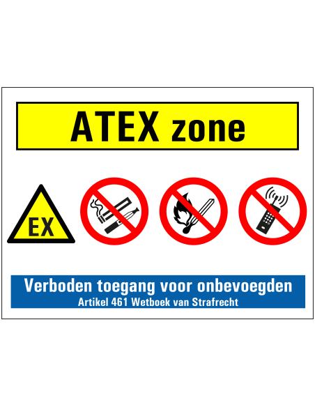 ATEX zone ontploffingsgevaar opslag bord, kunststof, wit geel rood blauw, met diverse pictogrammen