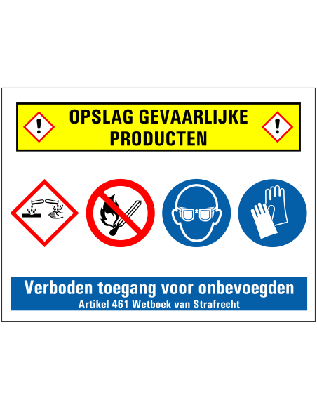 Opslag gevaarlijke producten bord, kunststof, wit geel rood blauw, met diverse pictogrammen