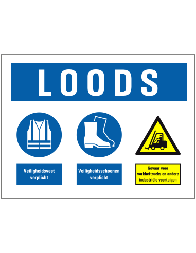 Bij betreden van loods veiligheidsbord, kunststof, wit geel blauw, met diverse pictogrammen
