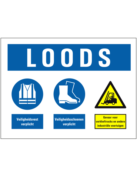 Bij betreden van loods veiligheidsbord, kunststof, wit geel blauw, met diverse pictogrammen