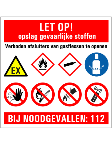 Let op opslag gevaarlijke stoffen bord, kunststof, rood wit geel blauw wit, diverse pictogrammen