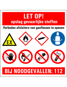 Let op opslag gevaarlijke stoffen sticker, zelfklevende folie, rood wit geel blauw wit, diverse pictogrammen