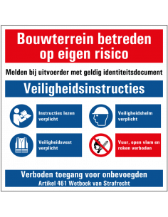 Bouwterrein betreden op eigen risico art 461 bord, kunststof, rood wit blauw, vierkant