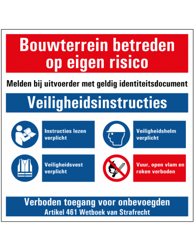 Bouwterrein betreden op eigen risico art 461 bord, kunststof, rood wit blauw, vierkant
