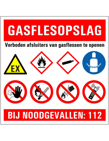 Gasflesopslag verboden te openen bord, kunststof, rood wit geel blauw wit, diverse pictogrammen