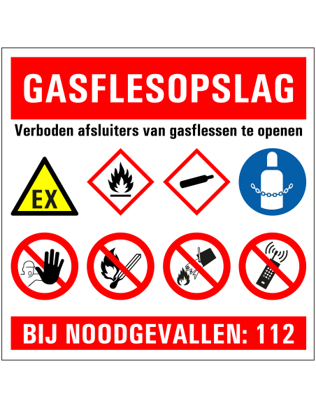 Gasflesopslag verboden te openen bord, kunststof, rood wit geel blauw wit, diverse pictogrammen