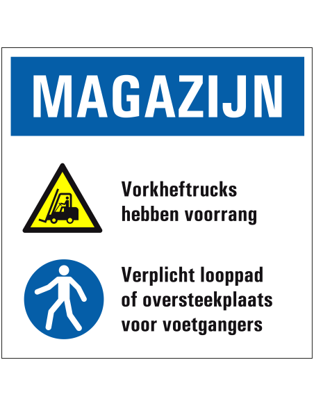 Voorrang voor heftruck looppad verplicht bord, kunststof, blauw wit geel, vierkant, heftruck en voetganger pictogram
