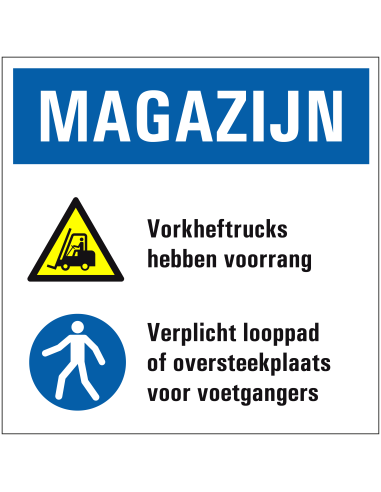 Voorrang voor heftruck looppad verplicht sticker, zelfklevende folie, blauw wit geel, vierkant, heftruck en voetganger pictogram