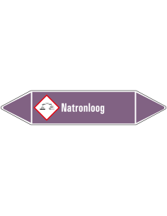Natroloog leidingmarkering op vel, paars wit, Nederlandse tekst natroloog, GHS05 pictogram