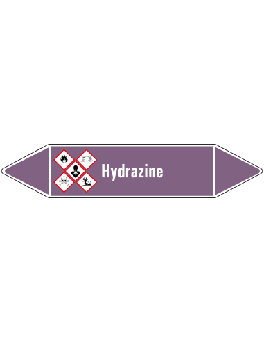 Hydrazine leidingmarkering op vel, paars wit, Nederlandse tekst hydrazine, GHS02, GHS05, GHS06, GHS08 en GHS09 pictogram