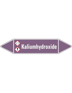 Kaliumhydroxide leidingmarkering op vel, paars wit, Nederlandse tekst kaliumhydroxide, GHS05 en GHS07 pictogram