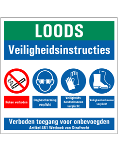 Loods met PBM veiligheidsinstructies bord, kunststof, groen rood blauw wit, vierkant, diverse pictogrammen