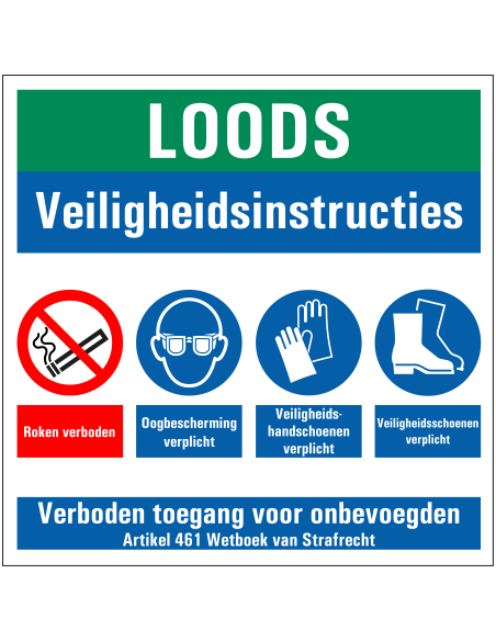 Loods met PBM veiligheidsinstructies bord, kunststof, groen rood blauw wit, vierkant, diverse pictogrammen