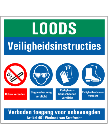 Loods met PBM veiligheidsinstructies sticker, zelfklevende folie, groen rood blauw wit, vierkant, diverse pictogrammen