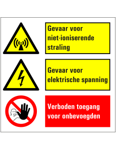 Gevaar voor elektrische spanning en ioniserende straling bord, kunststof, rood geel wit, vierkant
