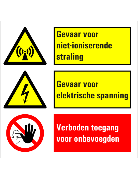 Gevaar voor elektrische spanning en ioniserende straling bord, kunststof, rood geel wit, vierkant
