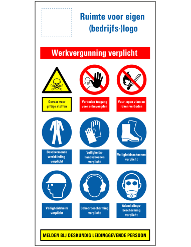 Werkvergunning verplicht bouwplaats bord, dibond met boorgaten, rood blauw geel wit, rechthoek, diverse pictogrammen