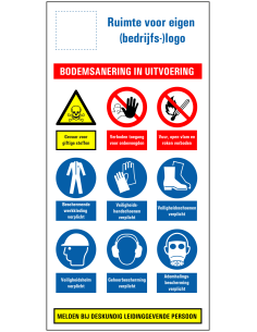 Bodemsanering in uitvoering bouwplaats bord, kunststof, rood blauw geel wit, rechthoek, diverse pictogrammen