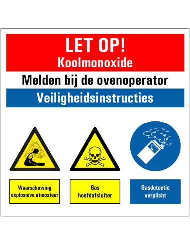 Koolmonoxide melden bij ovenoperator bord, kunststof , rood wit geel blauw wit, diverse pictogrammen
