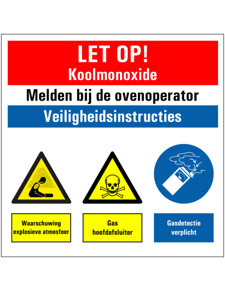 Koolmonoxide melden bij ovenoperator bord, kunststof , rood wit geel blauw wit, diverse pictogrammen