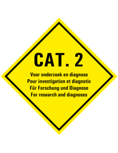 Categorie 2 onderzoek en diagnoses sticker, vierkant, geel zwart, met tekst Cat. 2, 4 talen
