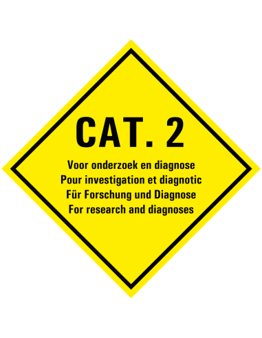 Categorie 2 voor onderzoek en diagnoses bord, kunststof, vierkant, geel zwart, met tekst Cat. 2, 4 talen