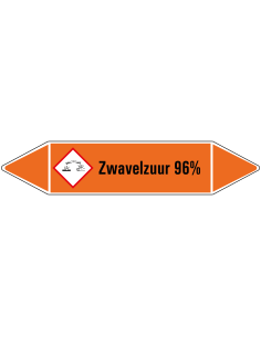 Zwavelzuur 96% leidingmarkering op vel, oranje zwart, Nederlandse tekst Zwavelzuur 96%