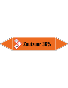 Zoutzuur 36% leidingmarkering op vel, oranje zwart, Nederlandse tekst Zoutzuur 36%