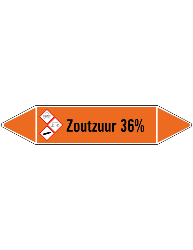 Zoutzuur 36% leidingmarkering op vel, oranje zwart, Nederlandse tekst Zoutzuur 36%