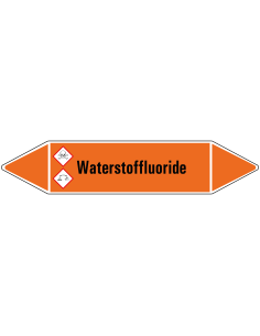 Waterstoffluoride leidingmarkering op vel, oranje zwart, Nederlandse tekst Waterstoffluoride
