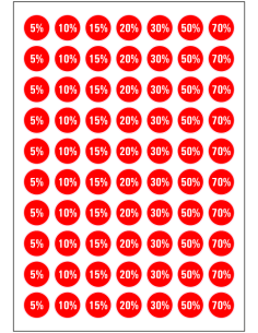 Korting stickers diverse percentages - 70 stuks - rood wit - rond - verschillende percentages op vel