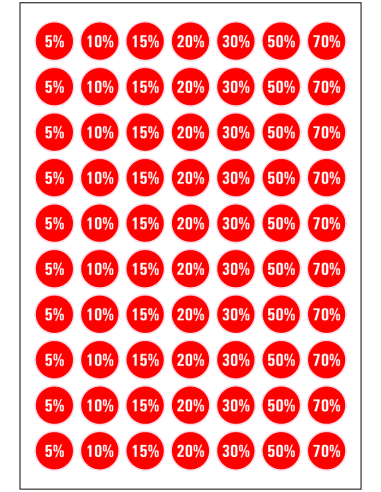 Korting stickers diverse percentages - 70 stuks - rood wit - rond - verschillende percentages op vel