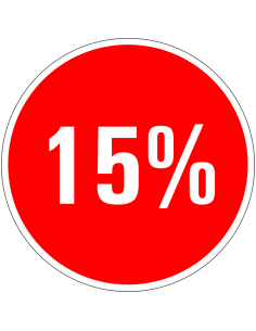Korting sticker 15% op vel - rood wit - rond - kortingspercentage 15%
