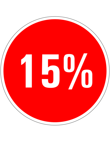 Korting sticker 15% op vel - rood wit - rond - kortingspercentage 15%