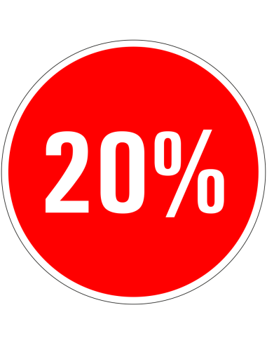 Korting sticker 20% op vel - rood wit - rond - kortingspercentage 20%