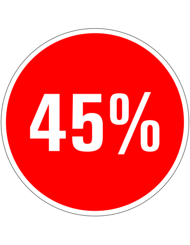 Korting sticker 45% op vel - rood wit - rond - kortingspercentage 45%