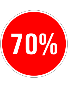 Korting sticker 70% op vel - rood wit - rond - kortingspercentage 70%