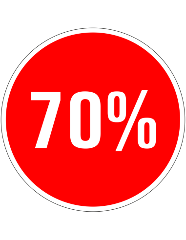 Korting sticker 70% op vel - rood wit - rond - kortingspercentage 70%