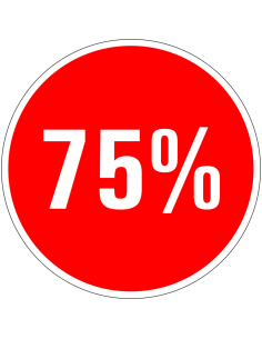 Korting sticker 75% op vel - rood wit - rond - kortingspercentage 75%