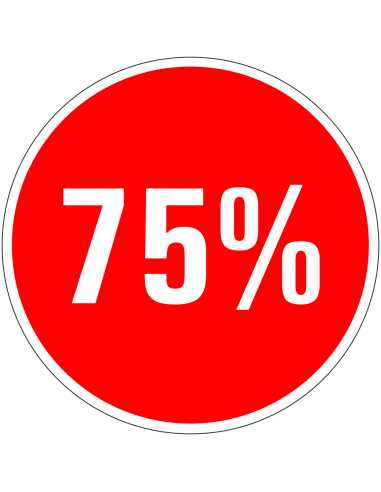 Korting sticker 75% op vel - rood wit - rond - kortingspercentage 75%