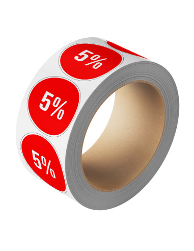 Korting sticker 5% op rol - rood wit - rond - kortingspercentage 5%