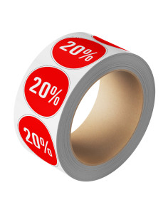 Korting sticker 20% op rol - rood wit - rond - kortingspercentage 20%