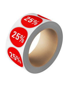Korting sticker 25% op rol - rood wit - rond - kortingspercentage 25%