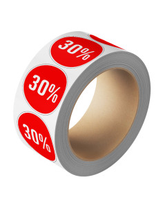 Korting sticker 30% op rol - rood wit - rond - kortingspercentage 30%