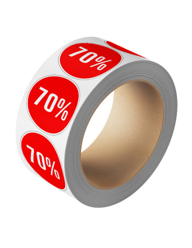 Korting sticker 70% op rol - rood wit - rond - kortingspercentage 70%