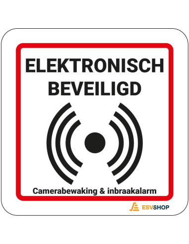 Raamsticker elektronisch beveiligd - rood wit - vierkant - tekst elektronisch beveiligd met alarm symbool
